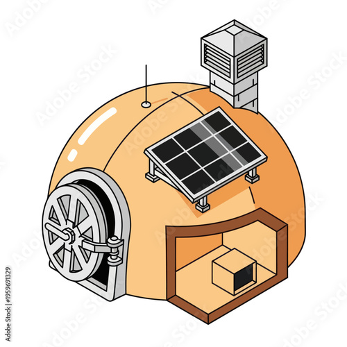 Isometric View of a Sustainable Dome Home with Solar Panel.