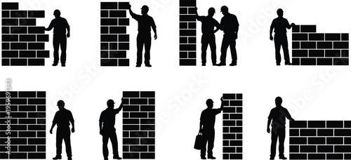 Bricklayer worker silhouettes building wall, construction masonry activities, manual labor process, industrial workforce scenes with tools isolated on white background