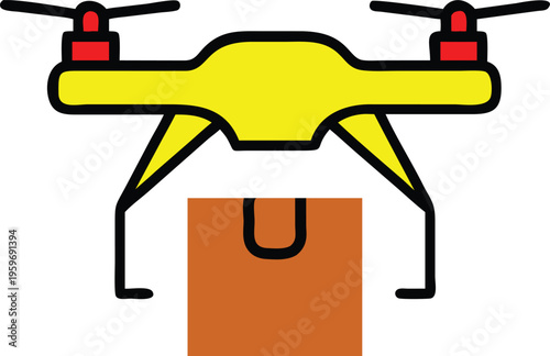 Stylized Drone Delivery Illustration Carrying a Package in Bright Yellow and Brown