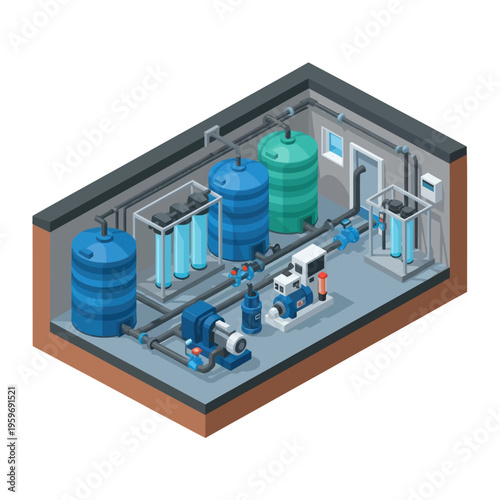 Isometric Water Treatment Plant Illustration with Tanks and Filtration System.