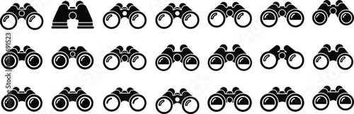 Binoculars vector icon set featuring black silhouette shapes for vision, discovery, outdoor exploration, bird watching, scouting, and business market research.