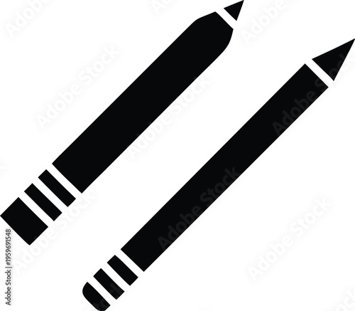 Two stylized black pencils with distinctive barrel markings on a white background