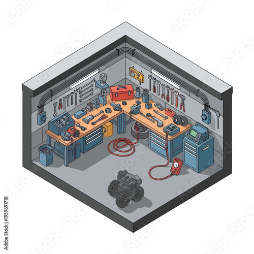 Isometric view of a well-equipped workshop with tools and equipment.