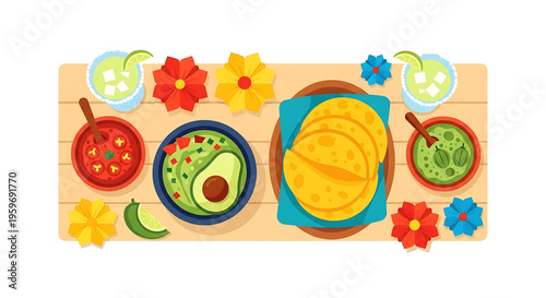 A vibrant vector graphic illustration of a traditional Mexican meal setup with tortillas, guacamole, salsa, and lime on a wooden table.
