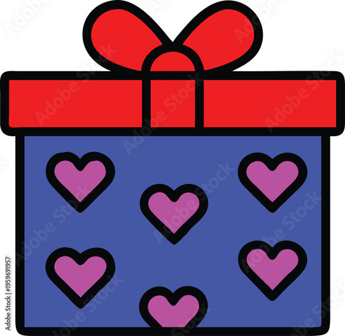 Cute illustration of a blue gift box with pink hearts and red ribbon