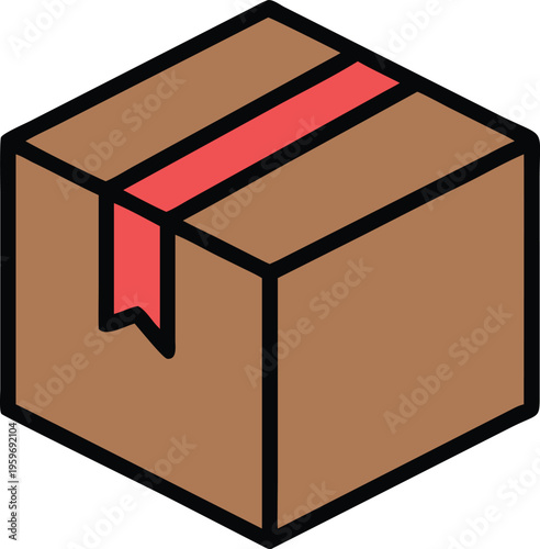 Isometric view of a brown cardboard shipping box with a red ribbon