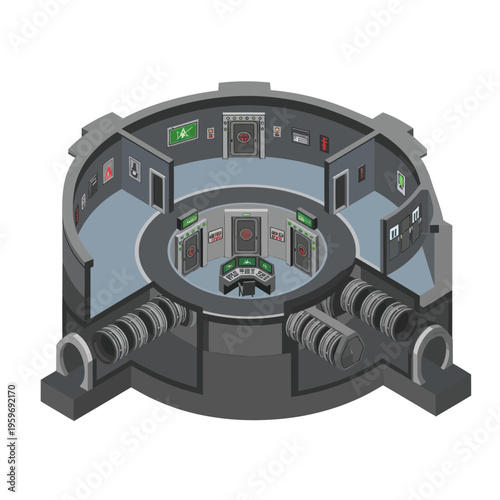 Isometric View of a Futuristic Control Room with Circular Design.