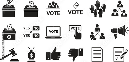 Black vote and election icons, flat democratic process symbols, ballot box and voting hands, online polling and political campaign silhouettes, isolated