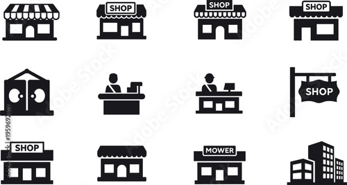 Black shop building icons, flat store silhouettes, retail marketplace symbols, cashier desk and hanging sign, city street architecture, isolated