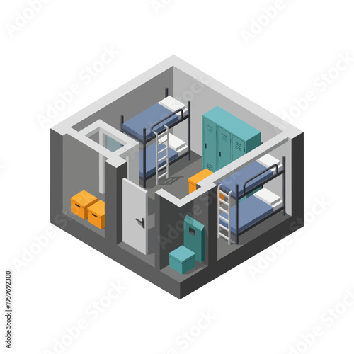 Isometric Dorm Room Illustration with Bunk Beds and Storage.
