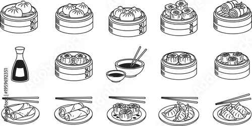 Dim sum vector illustration, chinese food icons, dumplings in bamboo steamer, spring rolls, gyoza, soy sauce with chopsticks, oriental cuisine