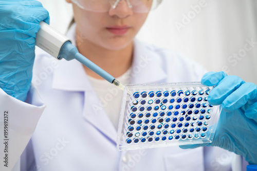 Scientist with cell culture in sample micro plate for research in science laboratory.