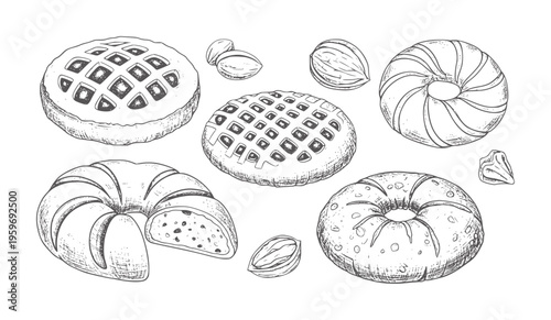 Foto Hand drawn assortment of baked goods and nuts white vintage food