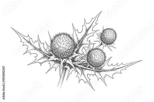 Ink of three spiky thistle flower heads and leaves plant nature botanical