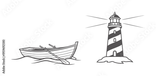 Rowboat with oars waves beside a striped lighthouse water