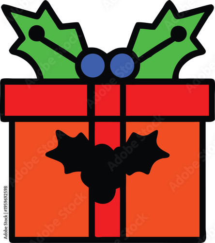 Festive holiday gift box illustration with holly and berries icon element
