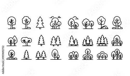 Minimal forest and tree line icons horizontal set with coniferous and deciduous shapes modern vector for ui design