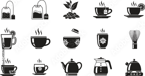 Solid silhouette vector of tea icons, hot herbal drink, teabag, ceramic cup with saucer, teapot, kettle, and matcha whisk ceremony symbols