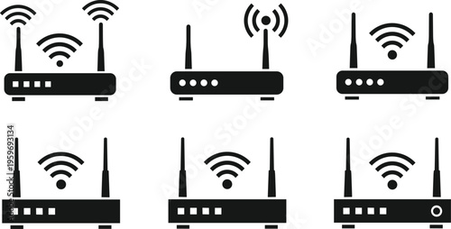 Wireless wifi router icon set featuring various modem designs with antennas for internet connection, networking, signal technology, and home office.