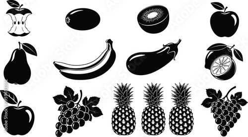 Collection of fruit silhouette icons featuring apples, bananas, pineapples, grapes, pears, and citrus isolated on white background for organic food and healthy lifestyle design.