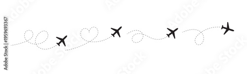 Airplane line path icon. Vector illustration of air plane flight route with line trace isolated on white background