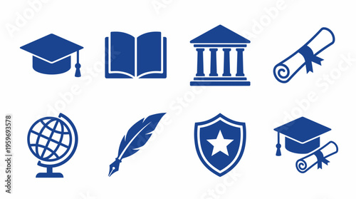 Academic Education Icons. University, Graduation, Learning Symbols for Online Courses, Study, and Career Success.