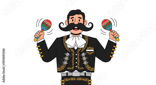 A cartoon illustration of a mariachi man shaking colorful maracas with a big smile