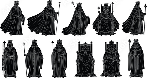 Medieval king and queen silhouettes collection, royal figures with crowns and thrones, historical monarchy characters, black and white vintage illustration set, regal rulers design