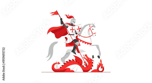 Dynamic illustration of a valiant medieval knight in shining armor on horseback, engaging in a fierce and dramatic battle with a formidable red dragon, symbolizing courage and triumph