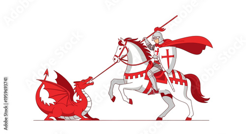 A valiant knight on horseback confronts a fearsome red dragon, symbolizing courage and the triumph of good over evil in a classic legend