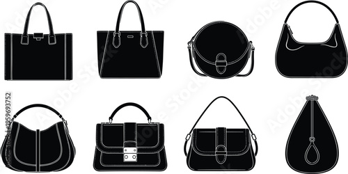 Set of black women's handbag silhouette icons including tote, satchel, hobo, and shoulder bag styles isolated on white background for fashion and shopping design.