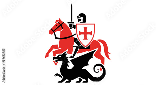 Illustration of a Knight on a Horse Battling a Dragon, Representing Courage and Victory