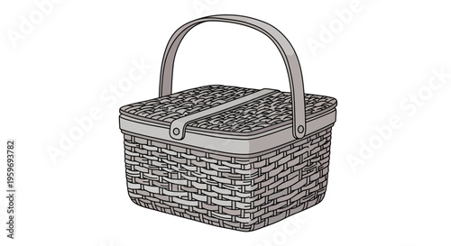 Elegant hand-woven wicker picnic basket, closed with a secure lid and sturdy handle, ideal for outdoor gatherings and food transport illustration