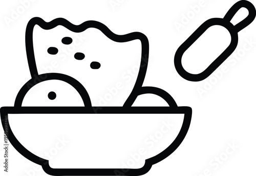Simple illustration of a bowl containing food with a spoon resting beside it