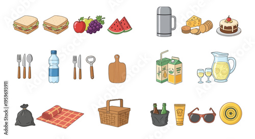 Assortment of picnic items including sandwiches, drinks, and accessories laid out on a white background