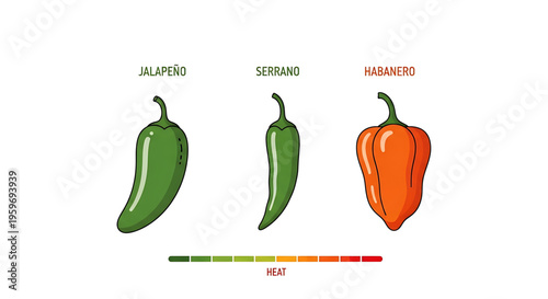 A colorful vector graphic illustration of jalapeno, serrano, and habanero peppers with a heat scale