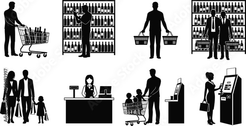Set of retail shopping silhouette icons featuring people with carts, browsing wine racks, family shopping, and cashier checkout isolated on white background for market design.