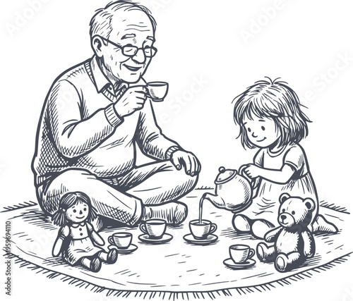 hand drawn illustration of a grandfather and granddaughter having a picnic tea party with toys no white fill included black line art style