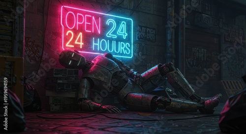 Depressed obsolete automaton rests against a dirty urban wall beneath glowing signage