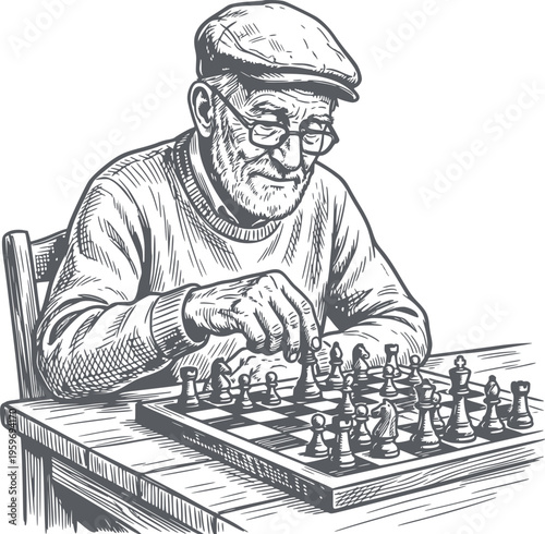 hand drawn illustration of an elderly man focused on a chess game with dark black fill and no white fills included