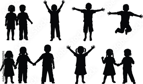 Children Silhouette Set Vector Illustration Featuring Kids Playing Jumping And Holding Hands Cad Drawing Flat Vector Illustration Asset Design Flavector