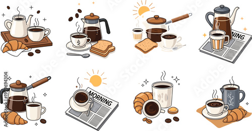 Cozy coffee breakfast scenes vector set, morning cafe moments with croissants, french press, cups and newspaper, warm beverage illustrations collection