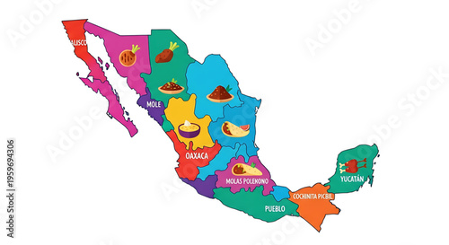 A colorful vector graphic map of Mexico showcasing regional cuisine and dishes