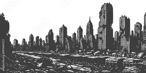 Post-apocalyptic ruined city skyline silhouette in a gritty black and white stencil style