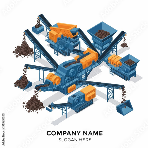 Isometric illustration of a complex industrial crushing and conveyor system for processing raw materials.