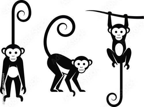 Monkey Silhouette Set Vector Illustration Featuring Cute Primates Hanging From Branch Walking And Standing Cad Drawing Flat Vector Illustration Flavector