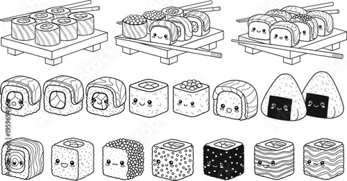 Kawaii Sushi Vector Illustration Set Featuring Cute Japanese Food Characters Rolls Nigiri And Onigiri Cad Drawing Flat Vector Illustration Flavector