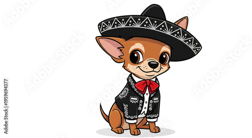 A cartoon Chihuahua dressed in traditional Mexican clothing, including a sombrero and mariachi suit, stands alone on a white background.