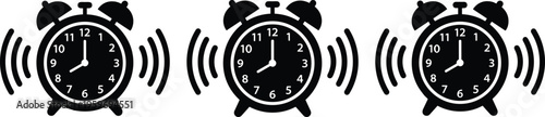 Alarm clock ringing icons set, wake up time notification symbols with sound waves, morning alert concept vector illustration