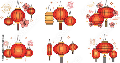 Chinese lanterns with flowers and fireworks vector set, glowing asian festive decorations, lunar new year celebration illustrations, elegant traditional design collection